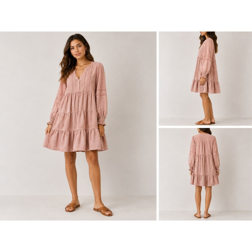 Pilcro 100% Cotton Laney Corduroy Tiered Tunic Dress S Pink Boho Mini Pockets